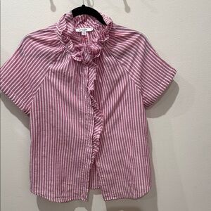 Chico's Pink and White Stripe Ruffle Front Blouse